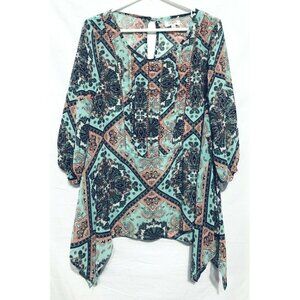 Umgee Womens Small Paisley Print Asymmetrical Hem Peasant Blouse Sheer Boho